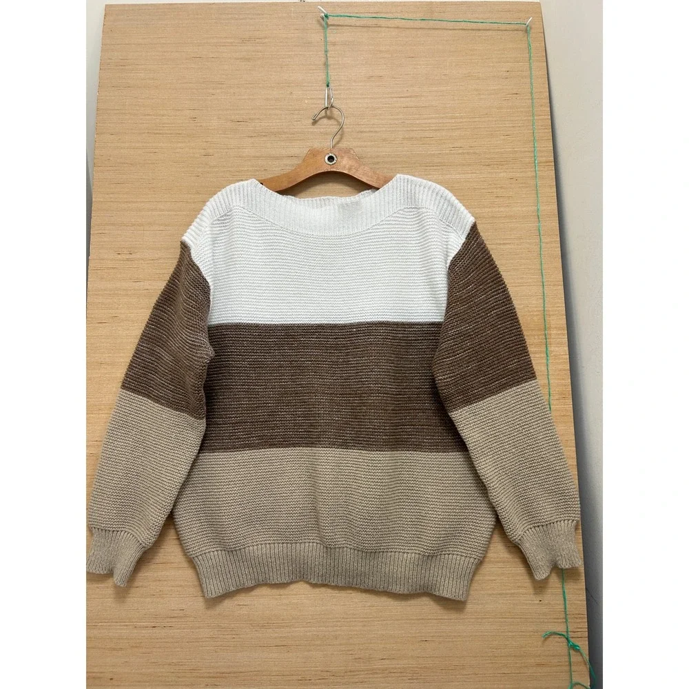 Unbranded Womens XL Colorblock‎ Knit Sweater Brown Tan White Boat Neck Pullover